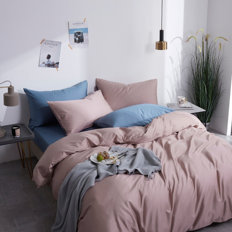 MistyRose Grace Silk Duvet Cover Set (Premium Egyptian Cotton) 600TC in a cozy bedroom setting with pillows and decor.