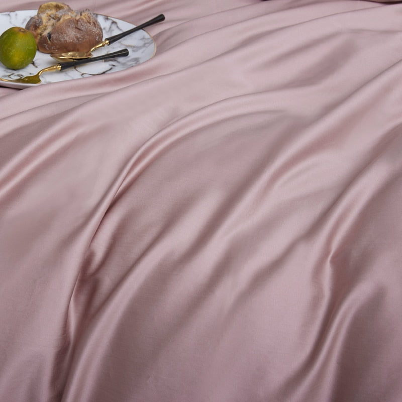 MistyRose Grace Silk Duvet Cover Set (Premium Egyptian Cotton) 600TC showing luxurious bed in light pink color.