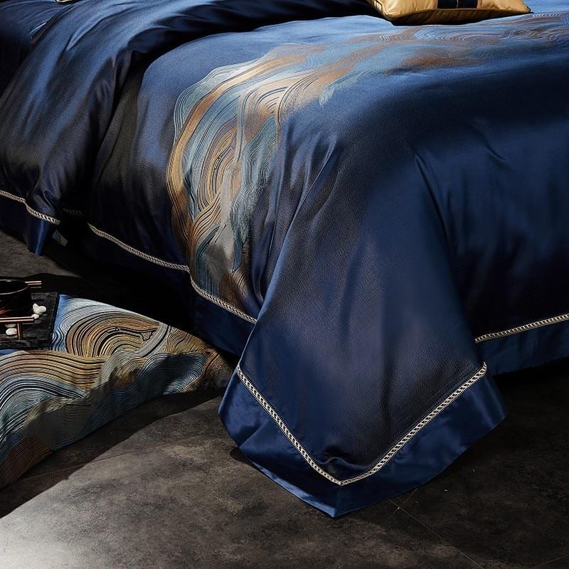 Victor Duvet Cover Set (Mulberry Silk) King Size in elegant blue with luxurious pattern, showcasing modern bedroom décor elegance.