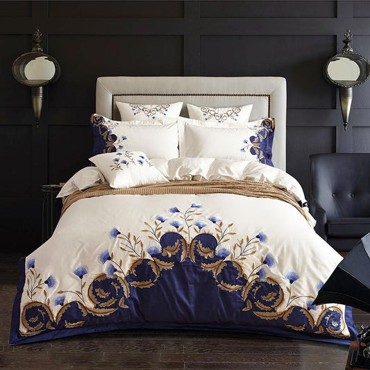 Blue Tail Luxury Duvet Cover Set (60S Egyptian Cotton) in a stylish bedroom setting with elegant floral design.