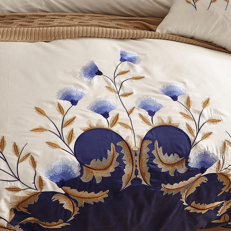 Blue Tail Luxury Duvet Cover Set (60S Egyptian Cotton) with elegant blue and gold floral embroidery, showcasing premium Egyptian cotton quality.