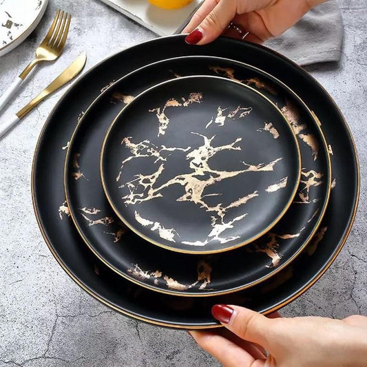 Lighting Flat Plates Nordic Collection with marble pattern and round ceramic design, suitable for elegant dining and easy cleaning.