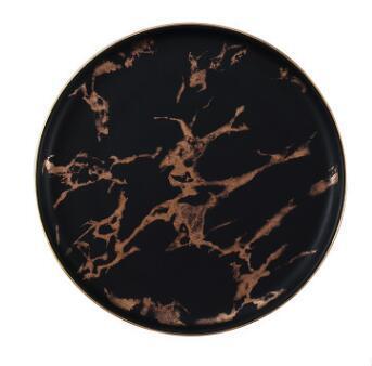 Lighting Flat Plates Nordic Collection, round ceramic plate with black and marble pattern hand-painted by artisans, Nordic style