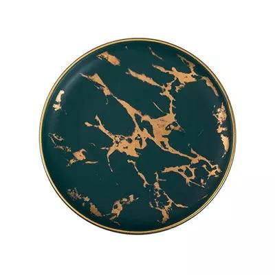 Lighting Flat Plates Nordic Collection - Hand-painted ceramic plate with marble pattern, round and flat design for elegant dining.