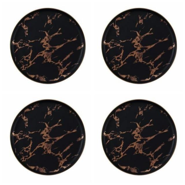 Lighting Flat Plates Nordic Collection with marble pattern, round ceramic dinnerware set.