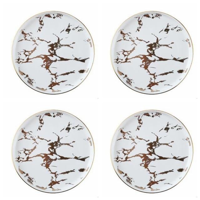 Set of four Lighting Flat Plates Nordic Collection with marble pattern, round and flat ceramic design for elegant dining.