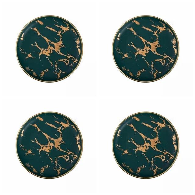 Lighting Flat Plates Nordic Collection with marble pattern, hand-painted ceramic, round, available in sets. Dishwasher safe.