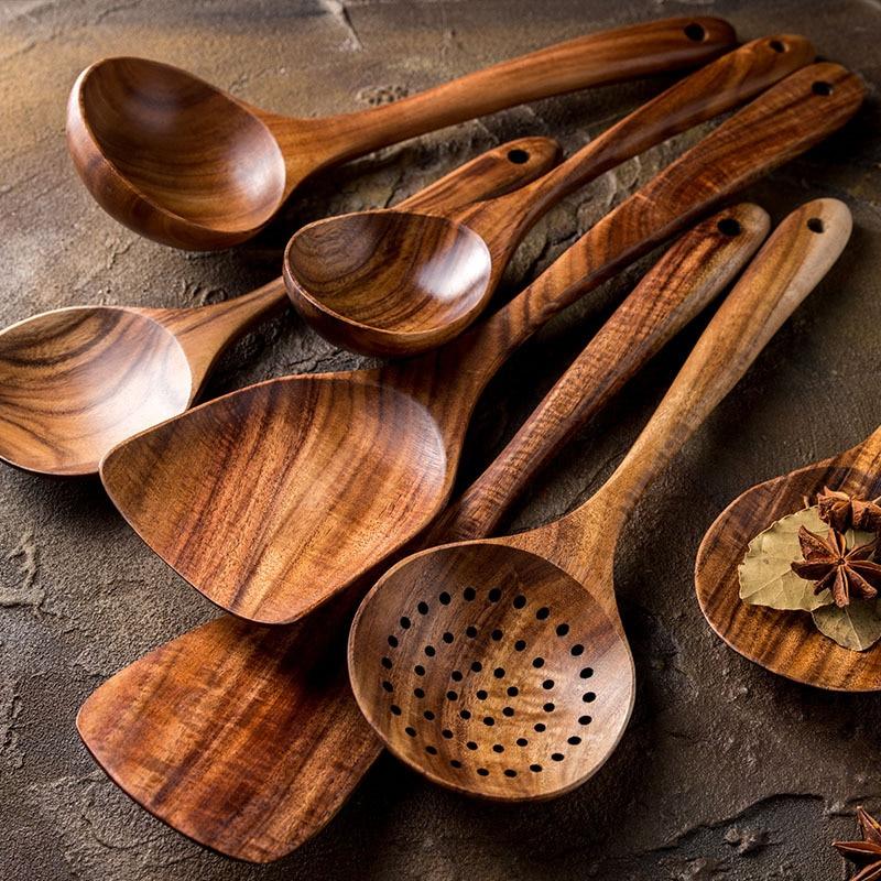 Modern Thailand Natural Teak Wood Utensils Set of 7, eco-friendly cooking tool set with CE/EU certification, made from wood.
