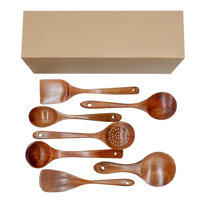 Modern Thailand Natural Teak Wood Utensils Set of 7 cooking tools displayed with eco-friendly packaging