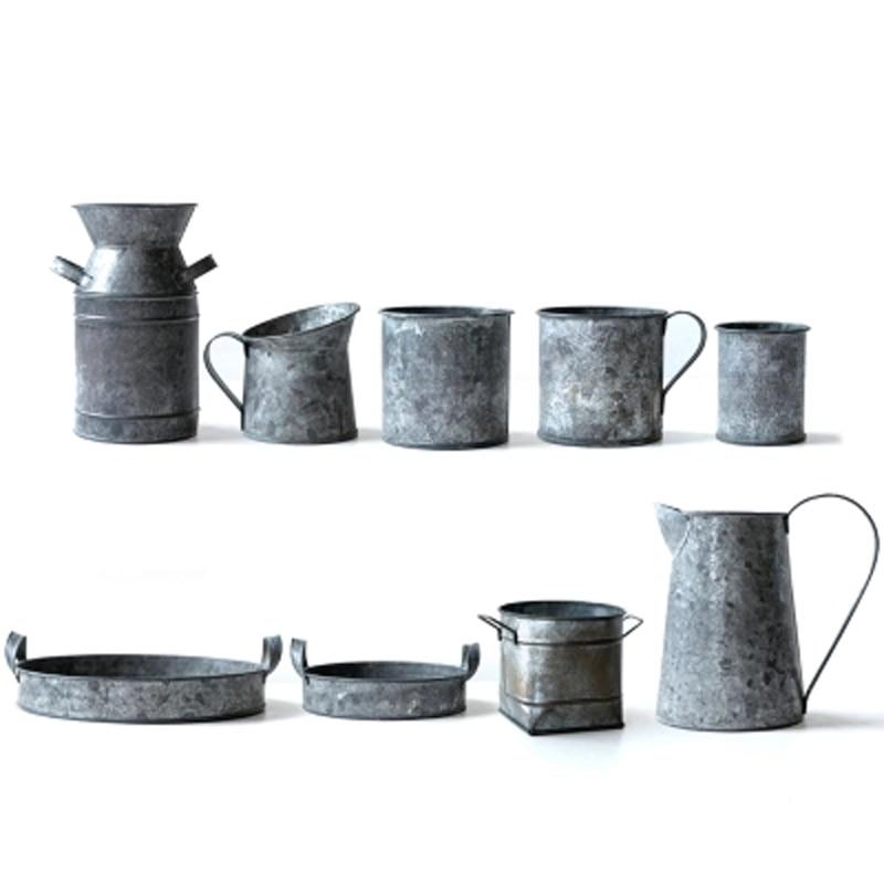 Vintage Galvanized Steel Storage Set of 9 pc in rustic European style, featuring eco-friendly metal jars and bottles with a zinc finish.