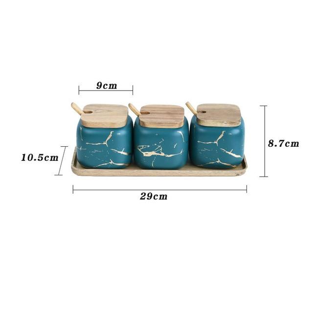 Maci 8-Piece Spice Ceramic Jar With Wooden Lid set, perfect for storing spices and herbs, shown with dimensions in centimeters.