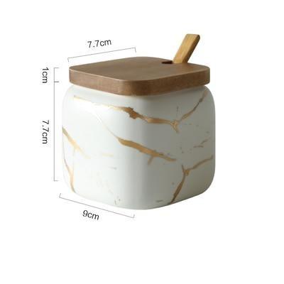 Maci 8-Piece Spice Ceramic Jar With Wooden Lid featuring clean square design and detailed measurements.