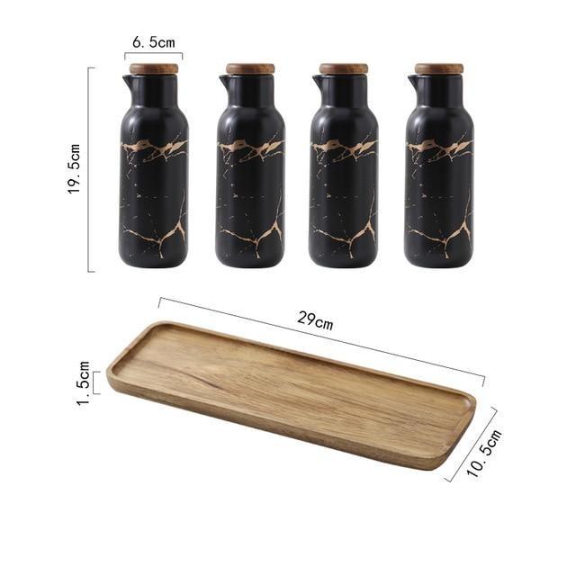 Set of four elegant black marble ceramic jars with a wooden tray, featuring dimensions, ideal for stylish kitchen storage and tabletop display.