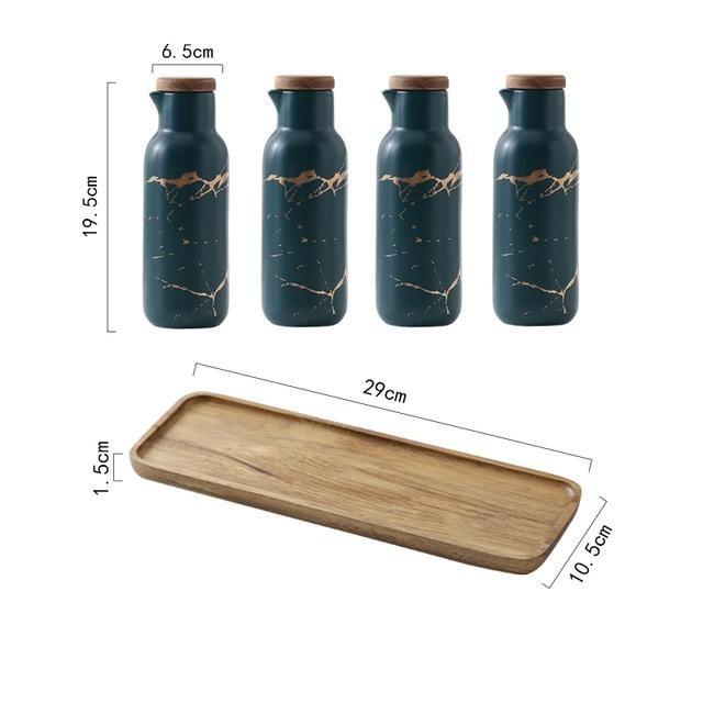 Set of four ceramic spice jars with wooden lids and wooden tray, dimensions labeled