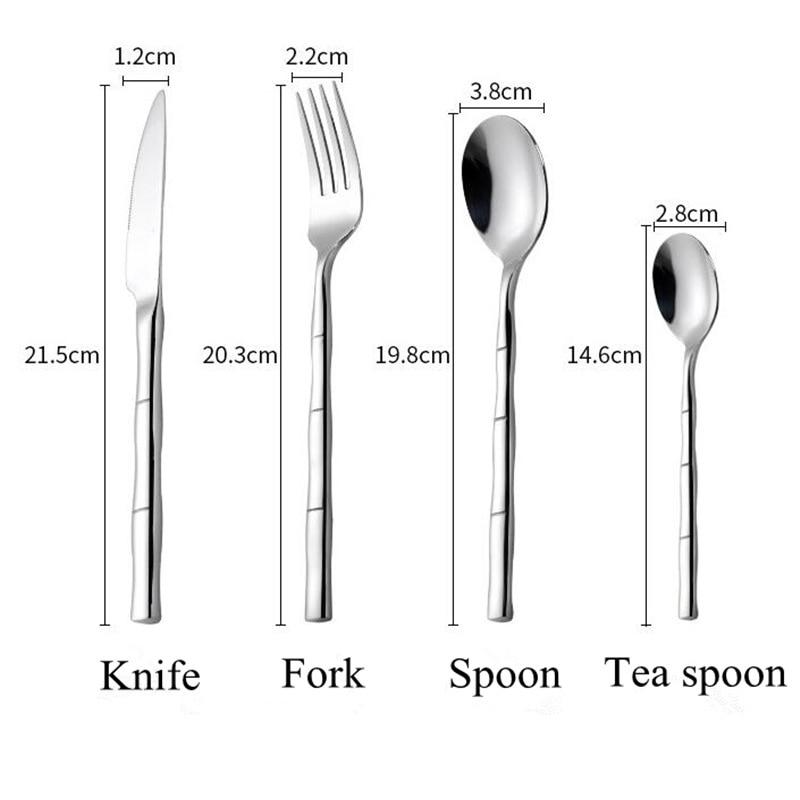 Dimensions of Lotus Flatware 24-Piece Set utensils, showing knife, fork, spoon, and teaspoon with bamboo-style handles.