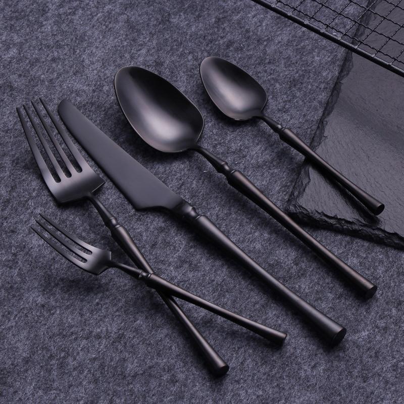 Evangeline Matte Flatware Set 24-Piece with modern skeleton shapes and matte finish, includes forged stainless steel cutlery.
