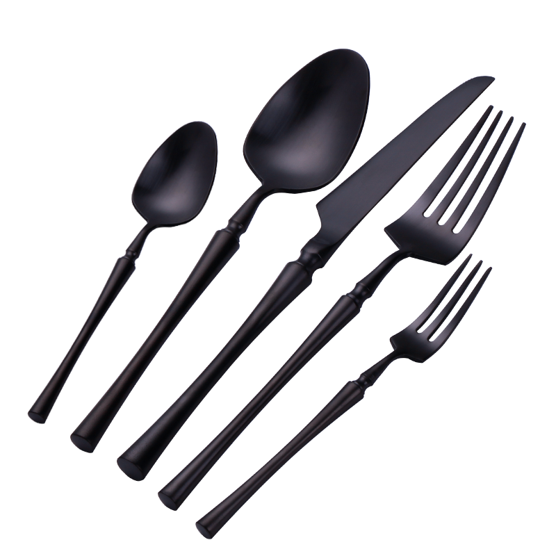 Evangeline Matte Flatware Set 24-Piece in black, featuring modern skeleton shapes and rounded bowls, made of stainless steel.
