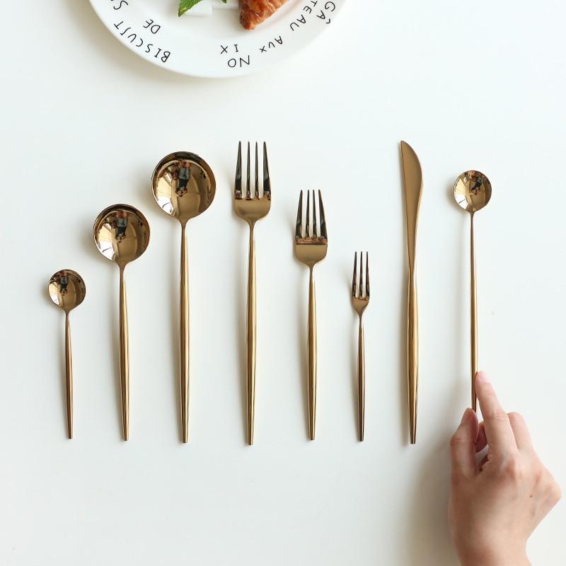 Stella 30-Piece Flatware Set with mirror-polished stainless steel cutlery on display.
