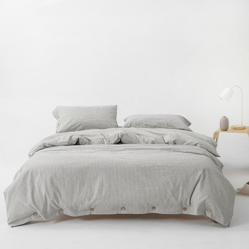 Olivia Stripe Ultra Soft Duvet Cover Set 100% Washed Cotton with pillows and buttons in a modern bedroom decor