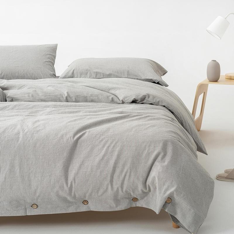 Olivia Stripe Ultra Soft Duvet Cover Set 100% Washed Cotton on bed with buttons