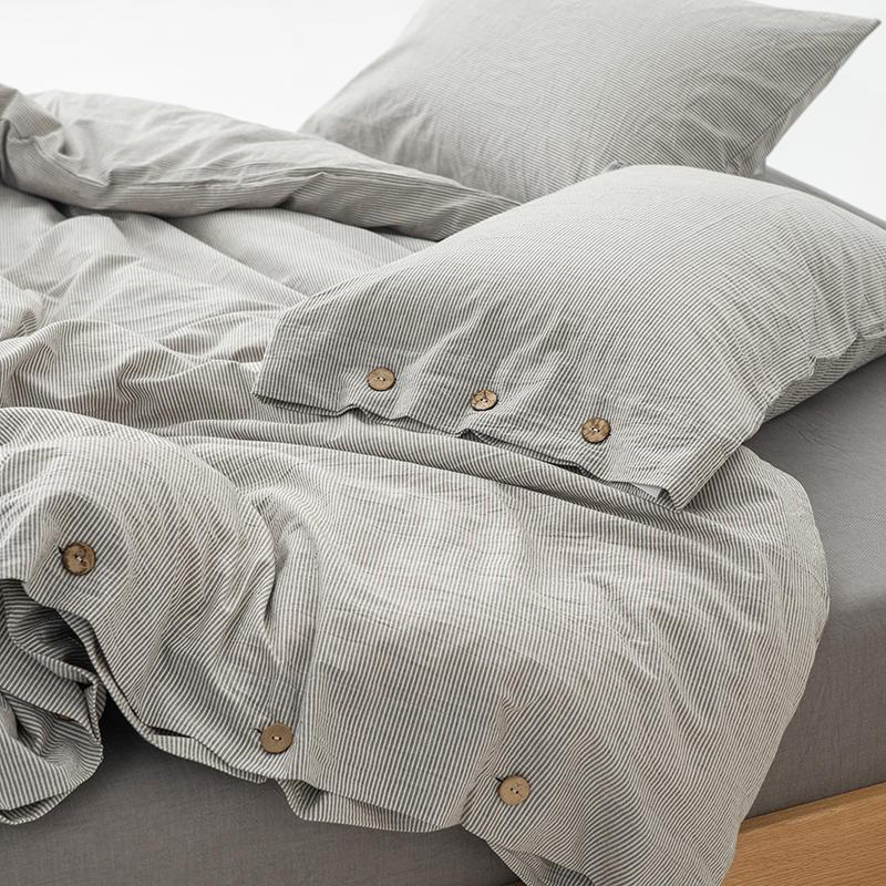 Olivia Stripe Ultra Soft Duvet Cover Set 100% Washed Cotton with buttons on bed