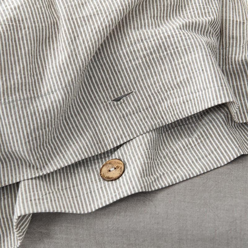 Close-up of the Olivia Stripe Ultra Soft Duvet Cover Set 100% Washed Cotton with button detail.
