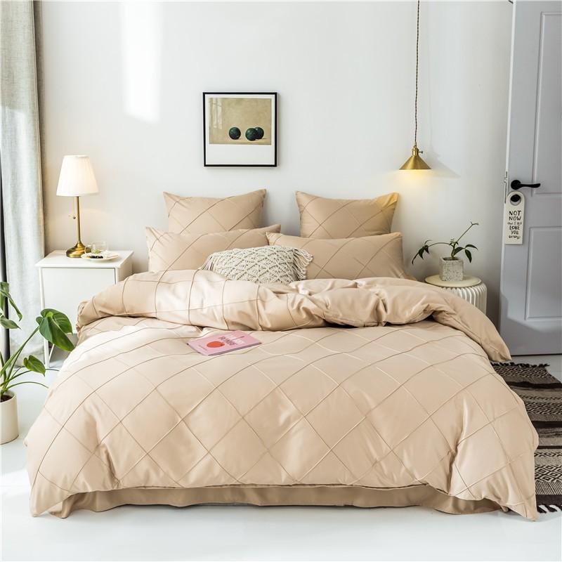 Charlotte Ultra Soft Microfiber Duvet Cover Set in beige, styled on a king-sized bed with decorative pillows.