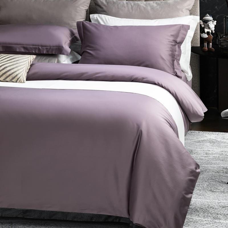 Juana Duvet Cover Set 1000TC (Egyptian Cotton) in solid purple displayed on a neatly made bed, adding luxury to a modern bedroom.
