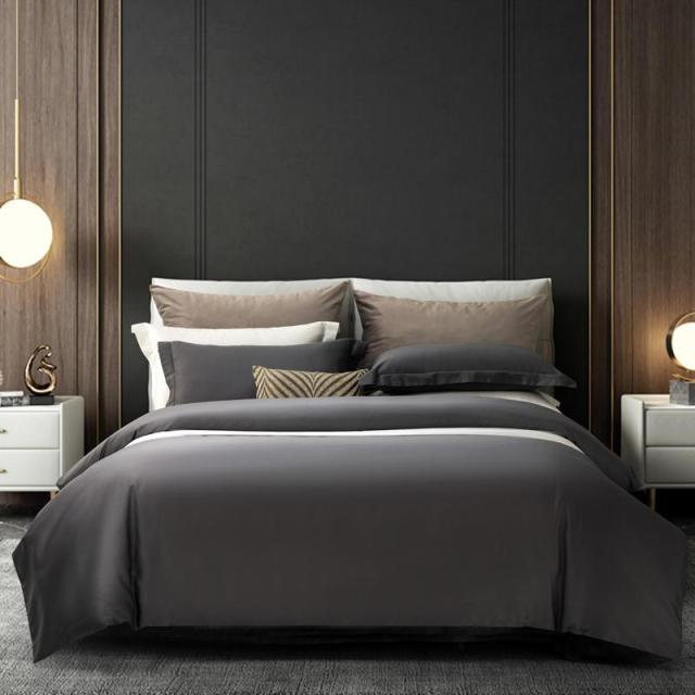Juana Duvet Cover Set 1000TC (Egyptian Cotton) in a modern styled bedroom setting with dark and light bedding accents.