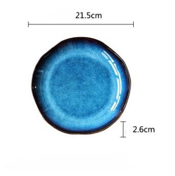 Taygete Plate, ceramic, solid pattern, round shape, 21.5cm diameter, 2.6cm height, blue color.