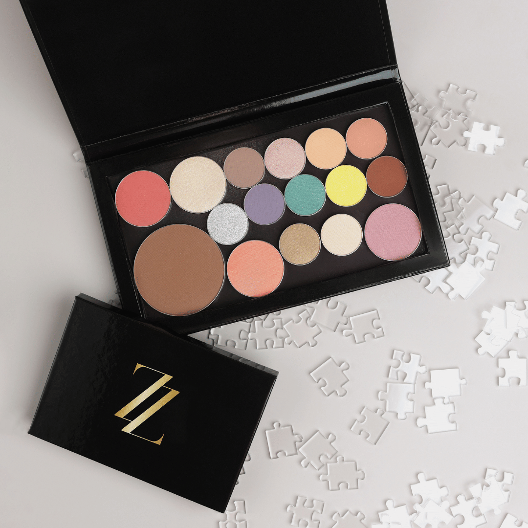 Empty Magnetic Palette Large with various makeup tones and puzzle pieces for customizable beauty organization.