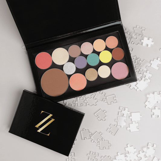 Empty Magnetic Palette Large with various makeup tones and puzzle pieces for customizable beauty organization.