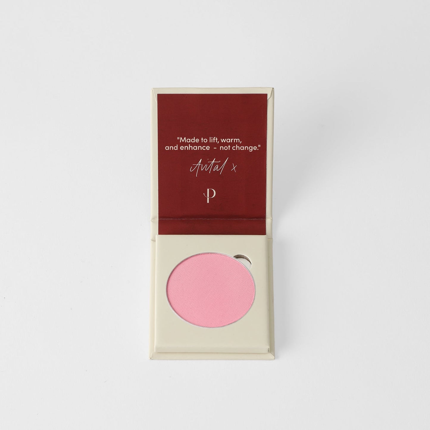 Vegan blush in pink shade, blendable and buildable, snaps into magnetic palette. Perfect pop of color for any skin tone. Product: Blush.