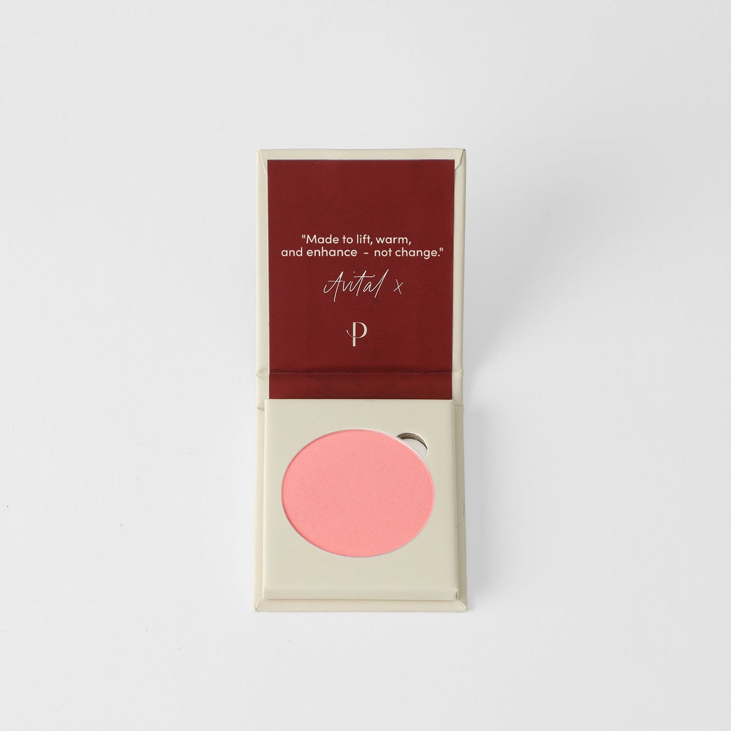 Vegan blush in packaging, perfect pop of color, blendable and buildable for all skin tones, fits magnetic palettes.