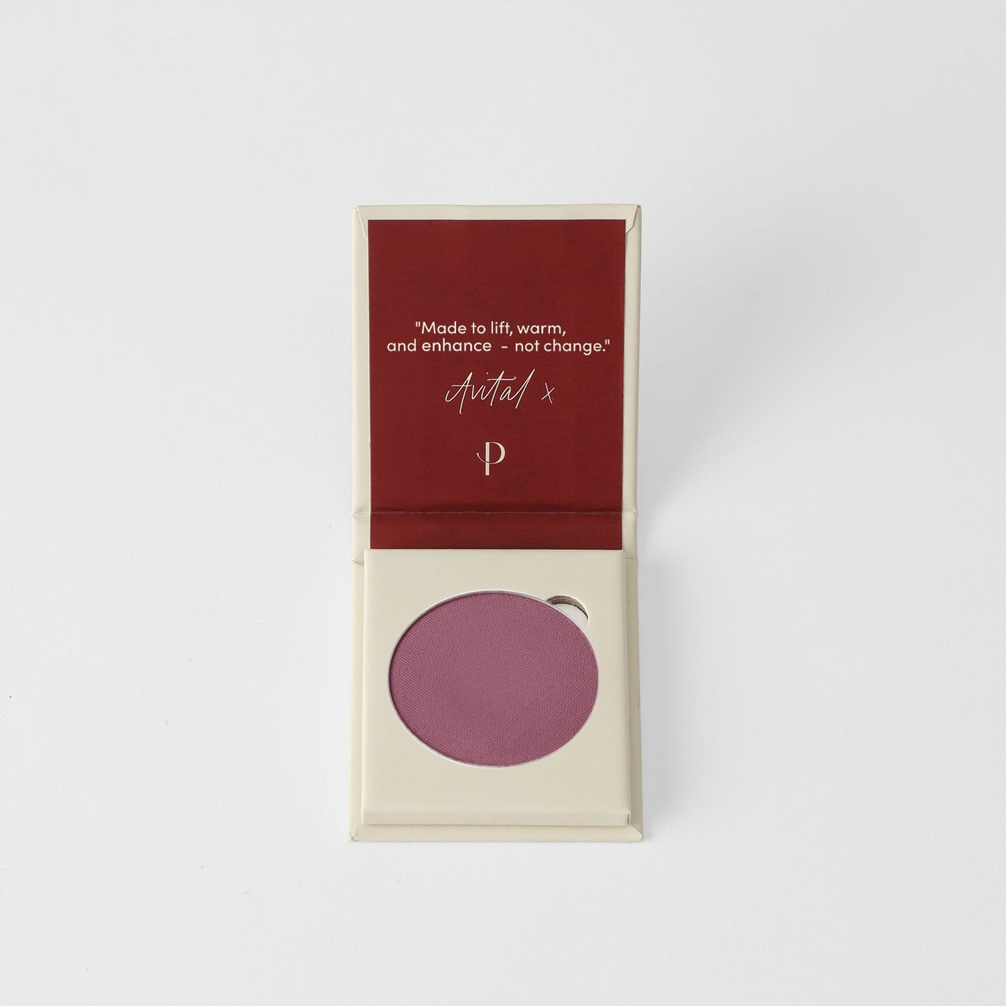 Vegan Blush in open compact with quote, blendable and buildable color for any skin tone, fits Large or Small Magnetic Palette.