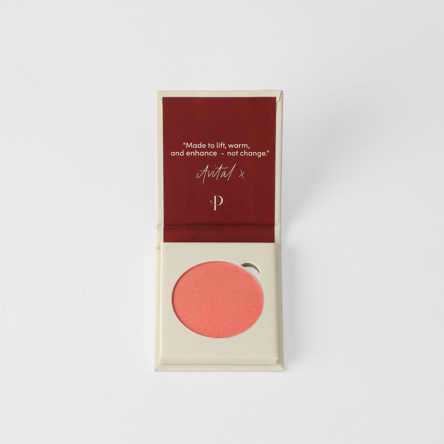 Top view of vegan Blush in pink shade, open case with mirror, perfect for customizable palettes and suitable for all skin tones.