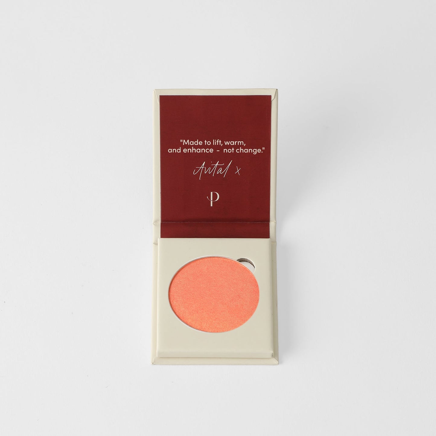 Vegan Blush in coral shade, blendable and buildable for any skin tone, fits magnetic palettes