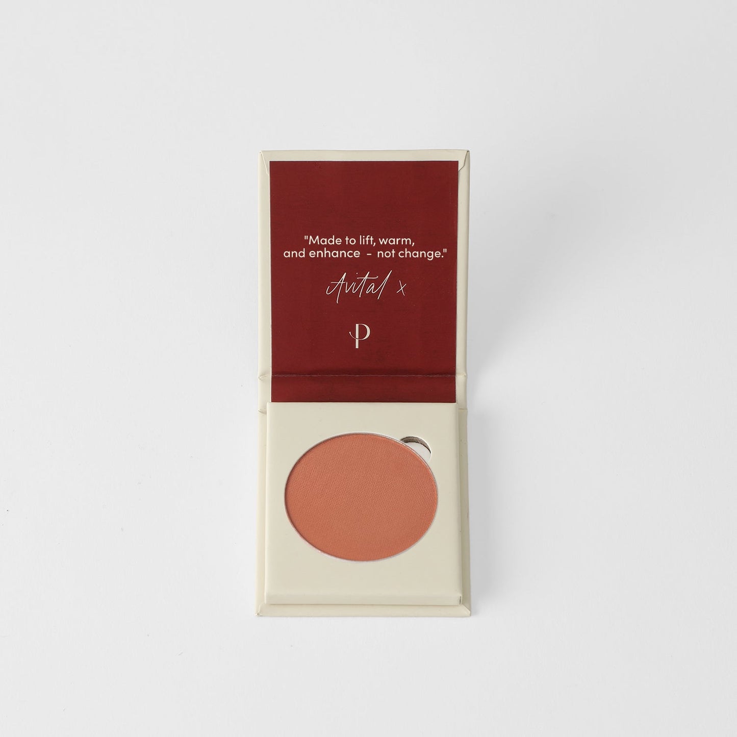 Blush in open packaging, vegan and blendable, ideal for customizable magnetic palettes, perfect pop of color for all skin tones.