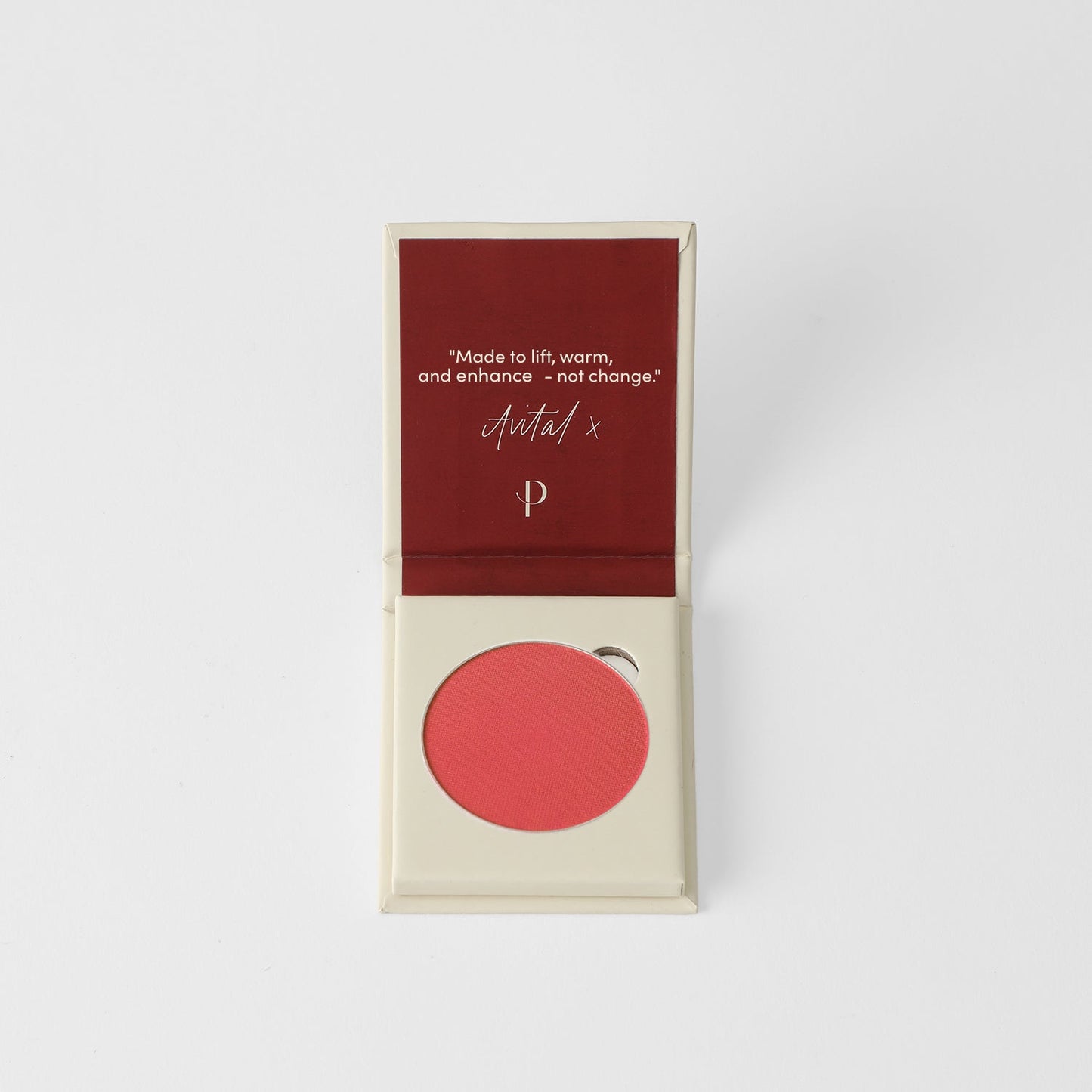 Open compact of vegan blush in red shade with customizable magnetic palette compatibility