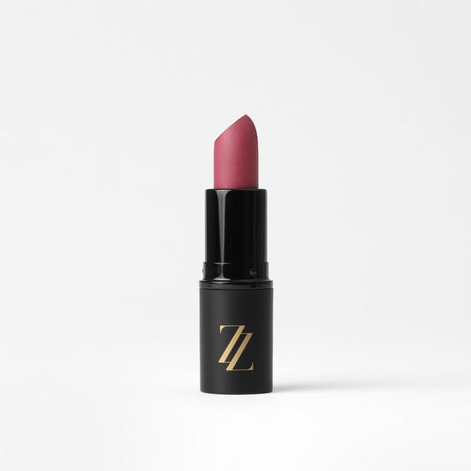 Satin Lipstick in elegant black case with a creamy full-coverage formula, providing a satin sheen for lasting moisture and comfort.