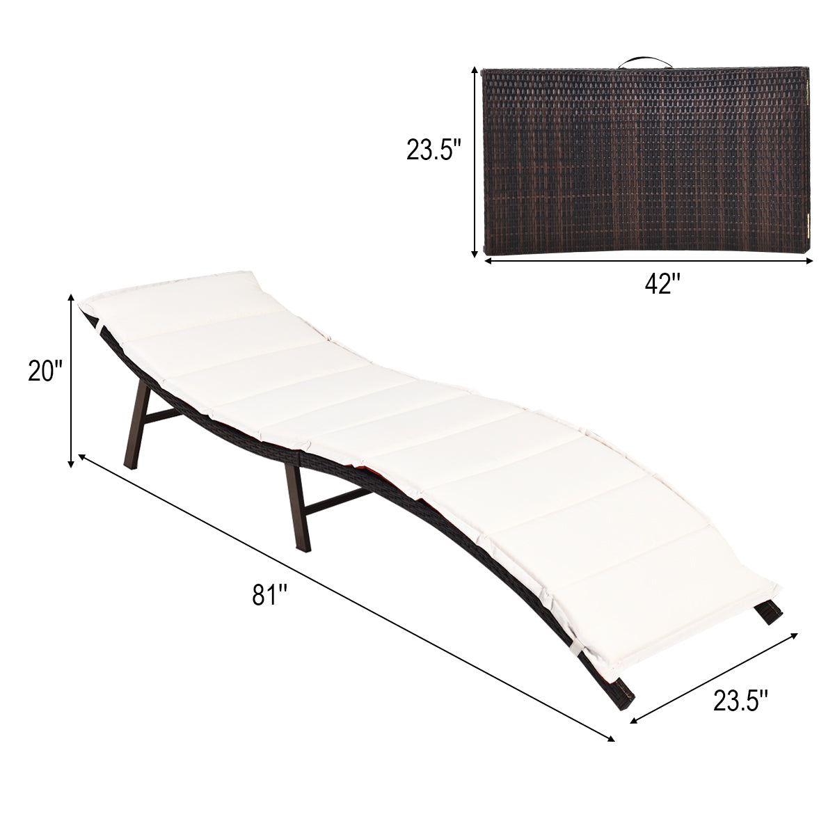2Pcs Folding Patio Lounger Chair with dimensions 81" x 23.5" x 20", crafted with steel and wicker, shown with folded storage size.
