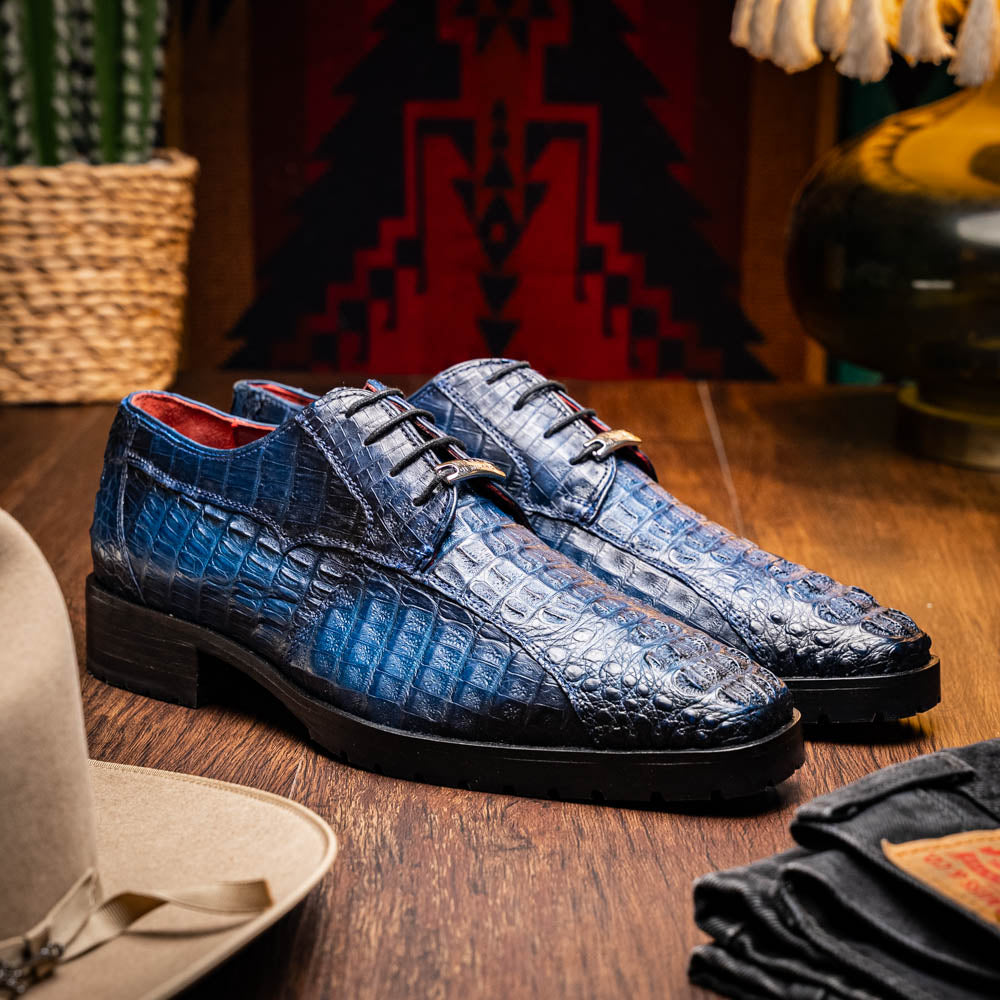 Ragusa Stained Navy - Genuine Caiman Skin Derby Shoe with Hybrid Sole on display, featuring handcrafted exotic design.