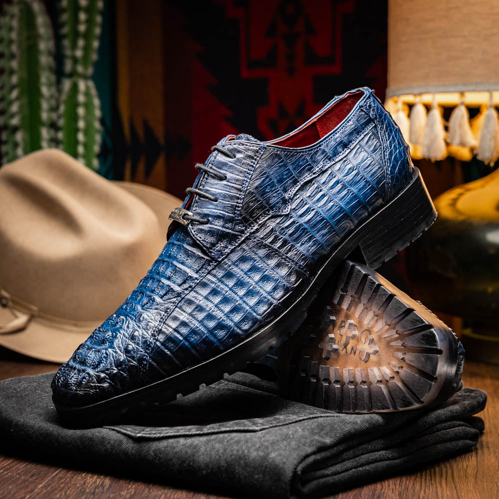Ragusa Stained Navy genuine caiman skin derby shoe with hybrid sole, handcrafted and elegantly designed with exotic craftsmanship.