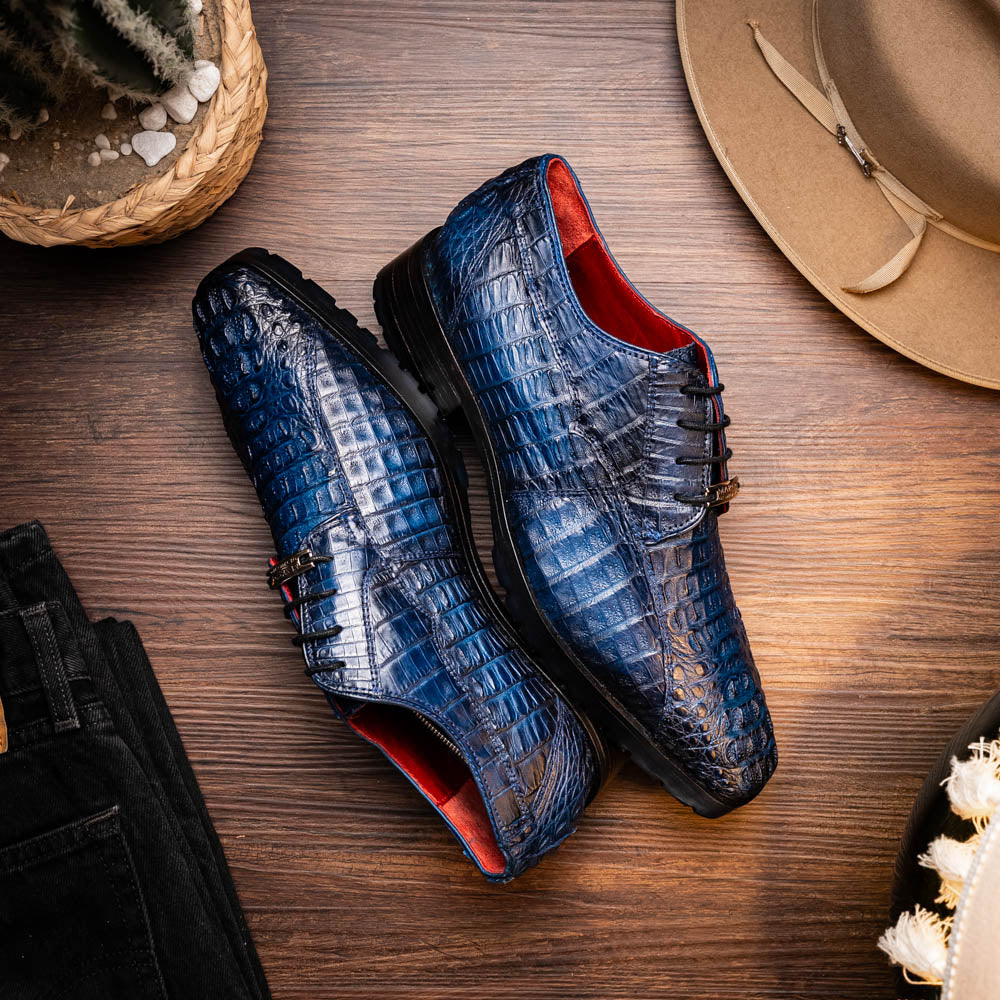 Ragusa Stained Navy genuine caiman skin derby shoe with hybrid sole, handcrafted exotic design with red leather lining, pre-order now