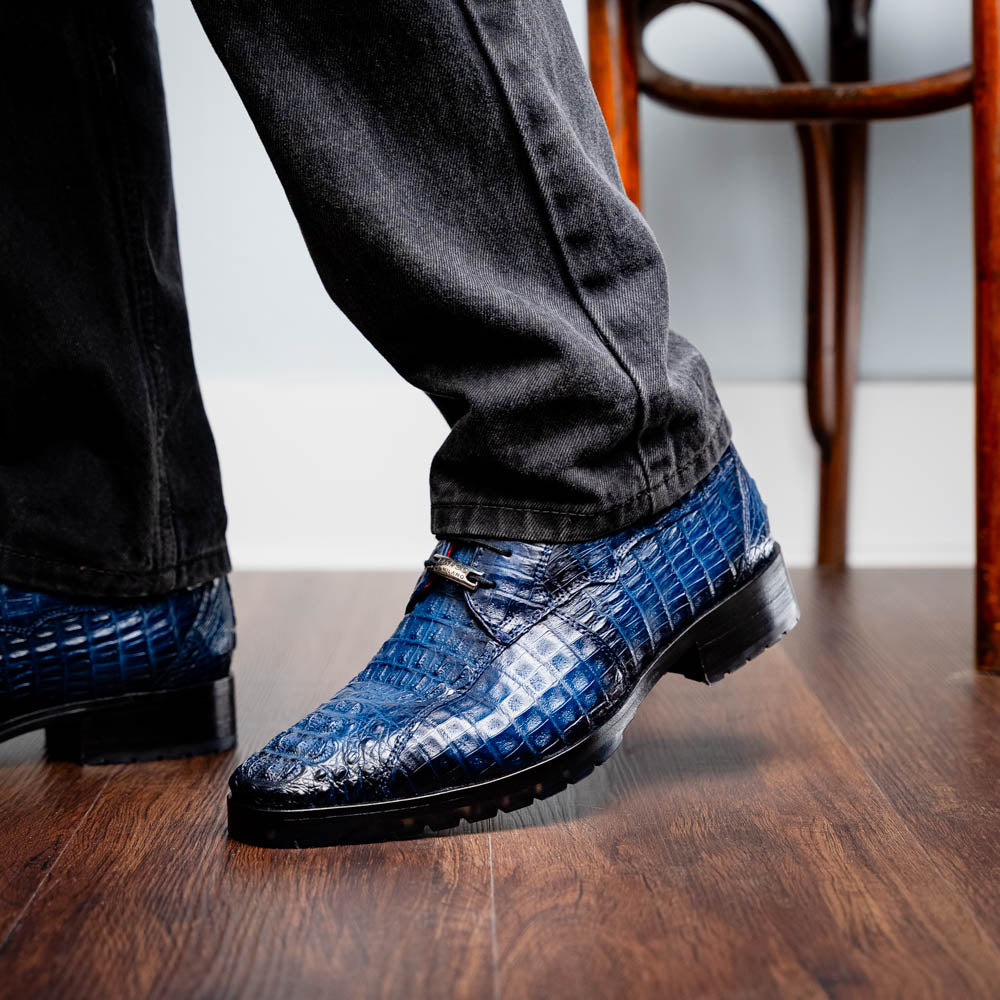 Ragusa Stained Navy caiman skin derby shoe with hybrid sole, showcasing luxury craftsmanship and bold design on a sleek silhouette.