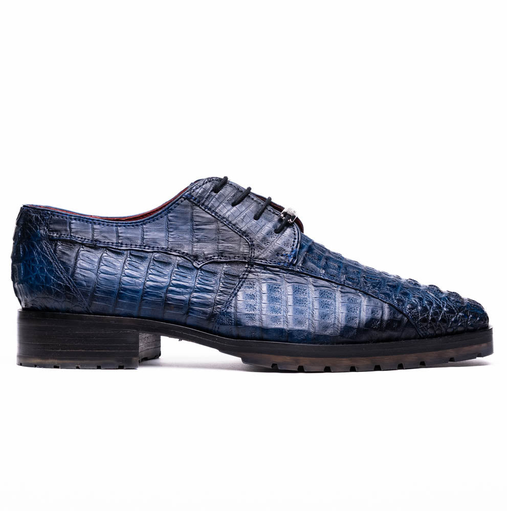 Ragusa Stained Navy genuine caiman skin derby shoe with hybrid sole, handcrafted exotic design, formalwear with bold character.