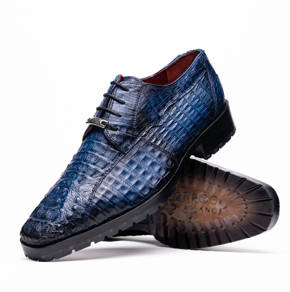 Ragusa Stained Navy genuine caiman skin derby shoe with hybrid sole, handcrafted luxury footwear, sleek design.