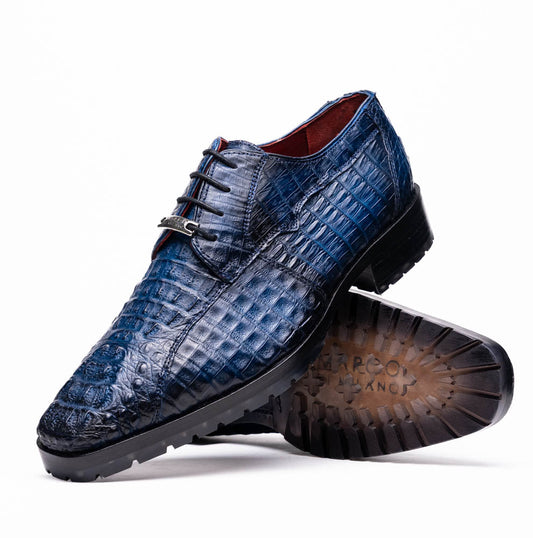 Ragusa Stained Navy genuine caiman skin derby shoe with hybrid sole, handcrafted luxury footwear, sleek design.