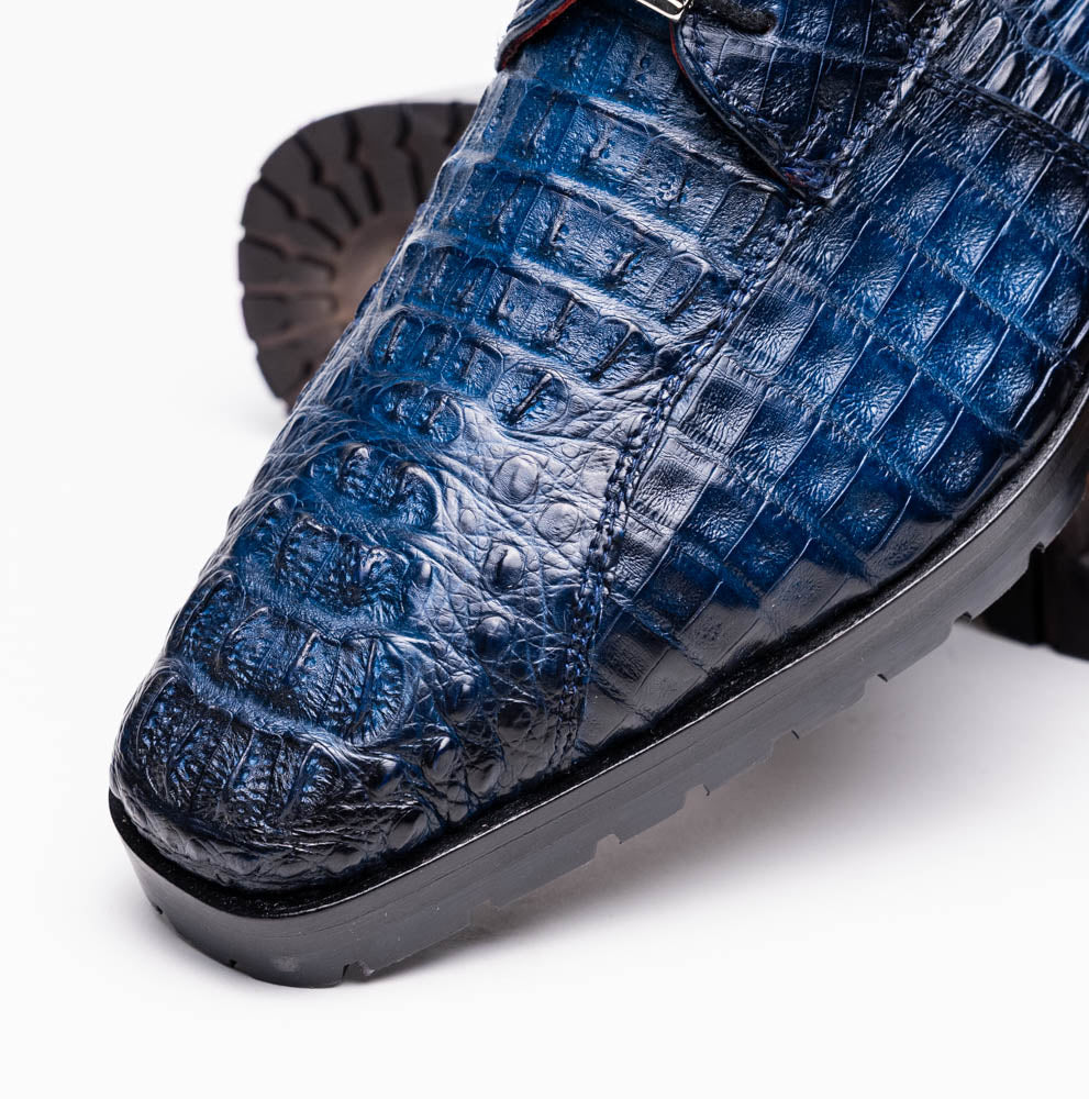 Close-up of Ragusa Stained Navy caiman crocodile skin derby shoe with hybrid sole, showcasing craftsmanship and bold design.