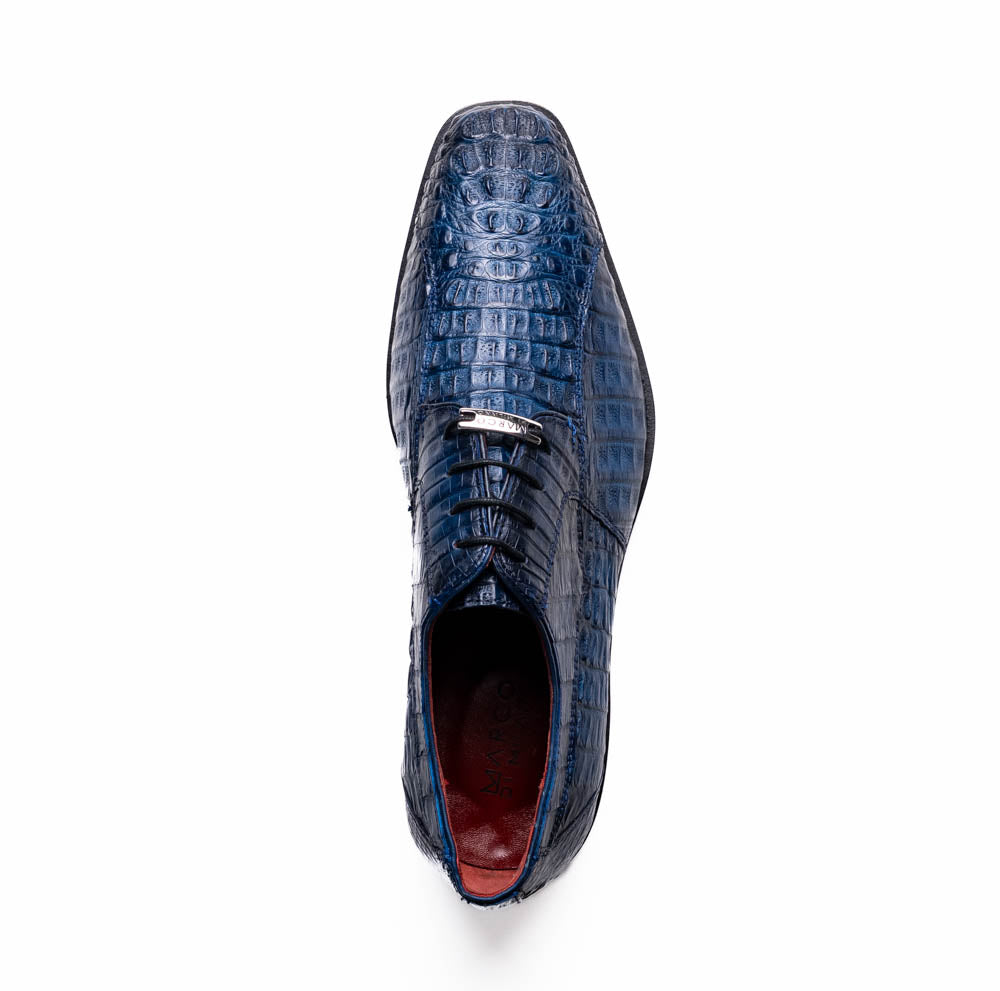 Top view of Ragusa Stained Navy caiman skin derby shoe with hybrid sole and red leather interior, showcasing detailed craftsmanship.